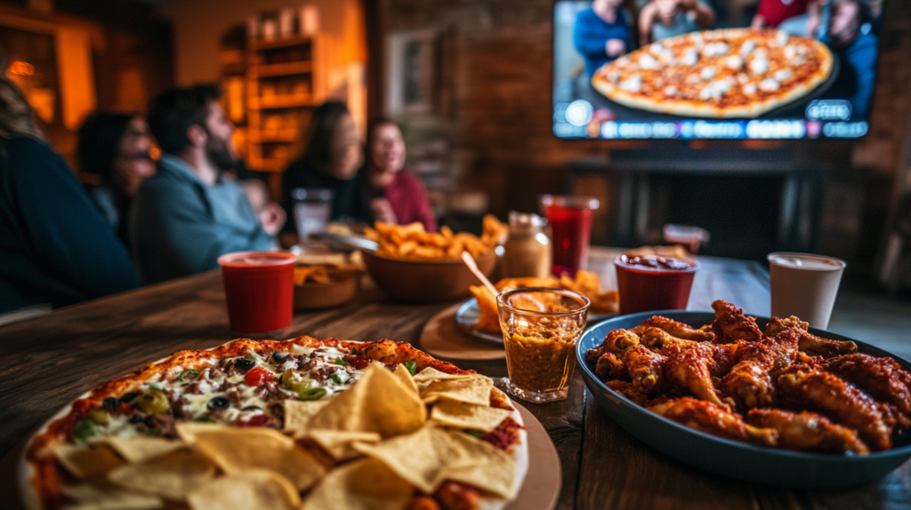 Friends enjoying a Super Bowl party with a table full of wings, pizza, nachos, and drinks while watching the game.