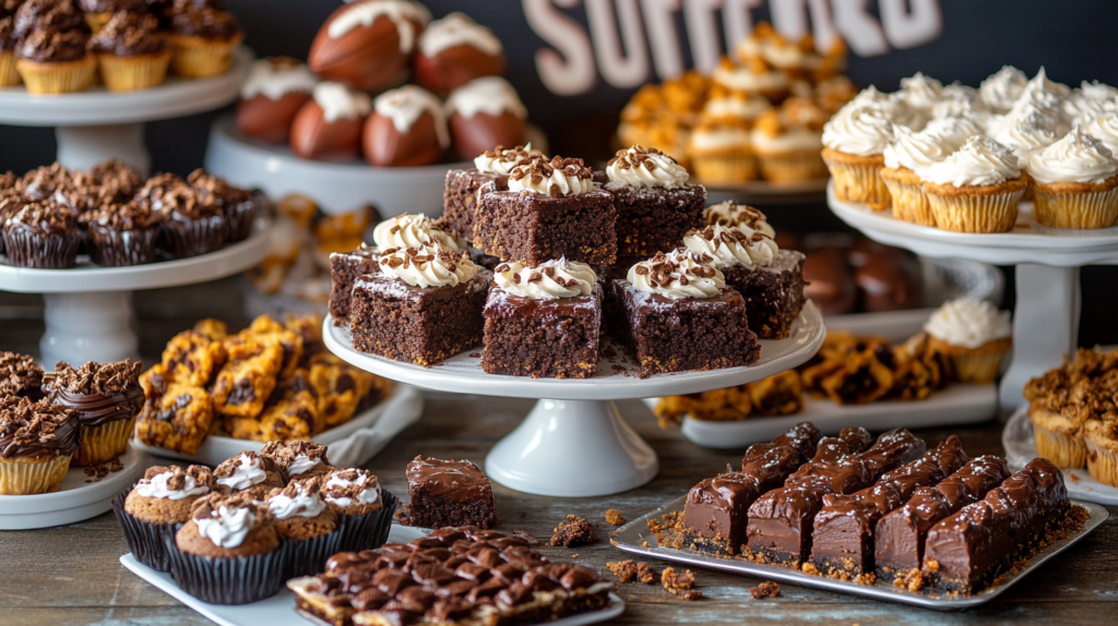 A football-themed dessert table with brownies, oatmeal cream pies, and cheesecake bites – the perfect way to end a Super Bowl feast.