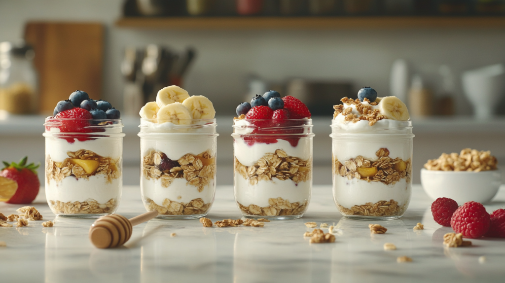  Four meal-prep Greek yogurt parfaits in mason jars, each with different fruit toppings, arranged on a marble countertop with a honey dipper nearby.