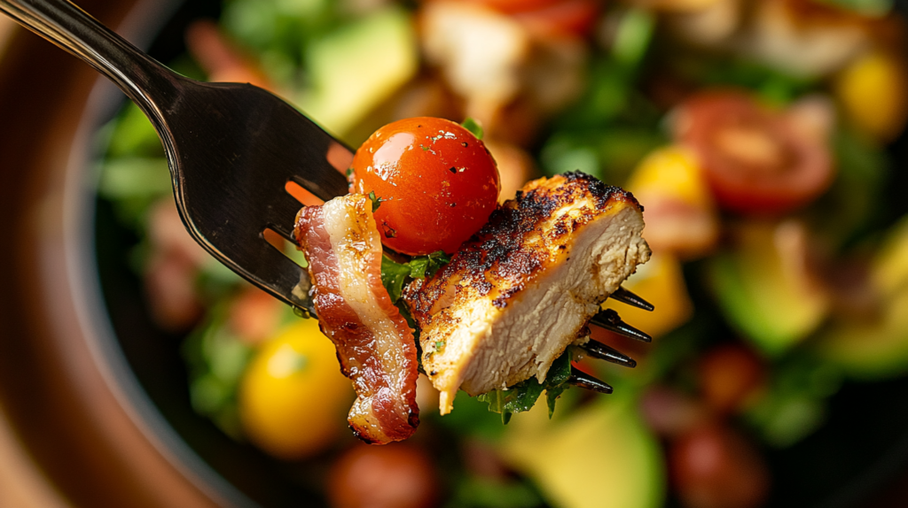 Cobb Salad neatly packed in a glass meal prep container, divided into sections with chicken, bacon, eggs, tomatoes, avocado, and blue cheese, placed on a white kitchen counter.
