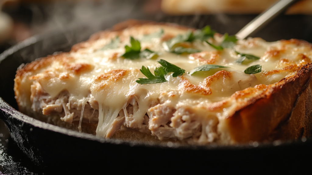 Tuna melt sandwich sizzling in a cast-iron skillet, with melted cheese and crispy golden bread.