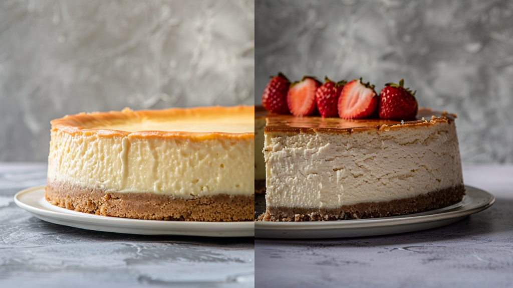 Comparison of a cheesecake baked with a water bath vs. without.