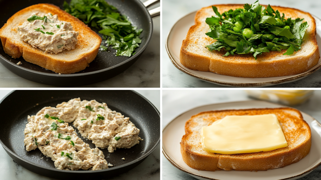 A step-by-step collage of preparing a tuna melt: spreading tuna salad, adding cheese, grilling in butter, and serving a golden, crispy sandwich on a plate.