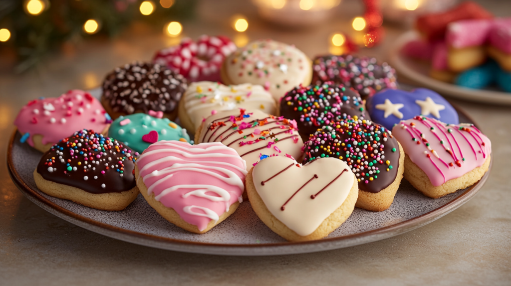 A colorful assortment of cake mix cookies decorated with icing, sprinkles, and drizzles of chocolate. Some cookies are shaped into hearts and stars, while others have festive themes like Christmas or birthdays. The blurred background features fairy lights, creating a fun and celebratory atmosphere.