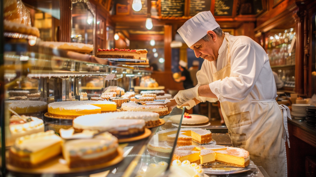 A New York bakery display case filled with cheesecakes, with a baker carefully placing a freshly made New York-style cheesecake onto the shelf.