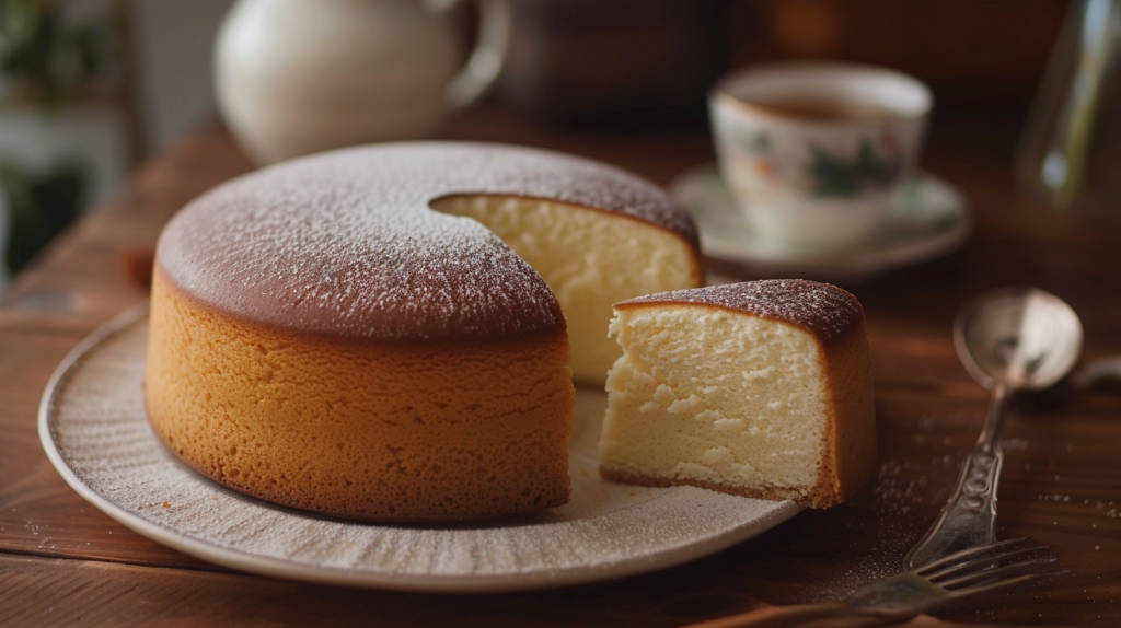 A light and fluffy Japanese cheesecake with a golden top, served on a plate with a slice removed to show its airy texture.