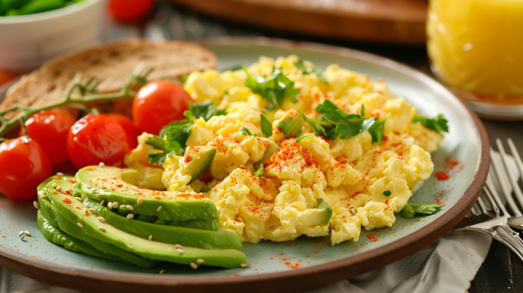  A healthy scrambled eggs breakfast with avocado, whole-grain toast, and cherry tomatoes – a perfect meal for weight loss.