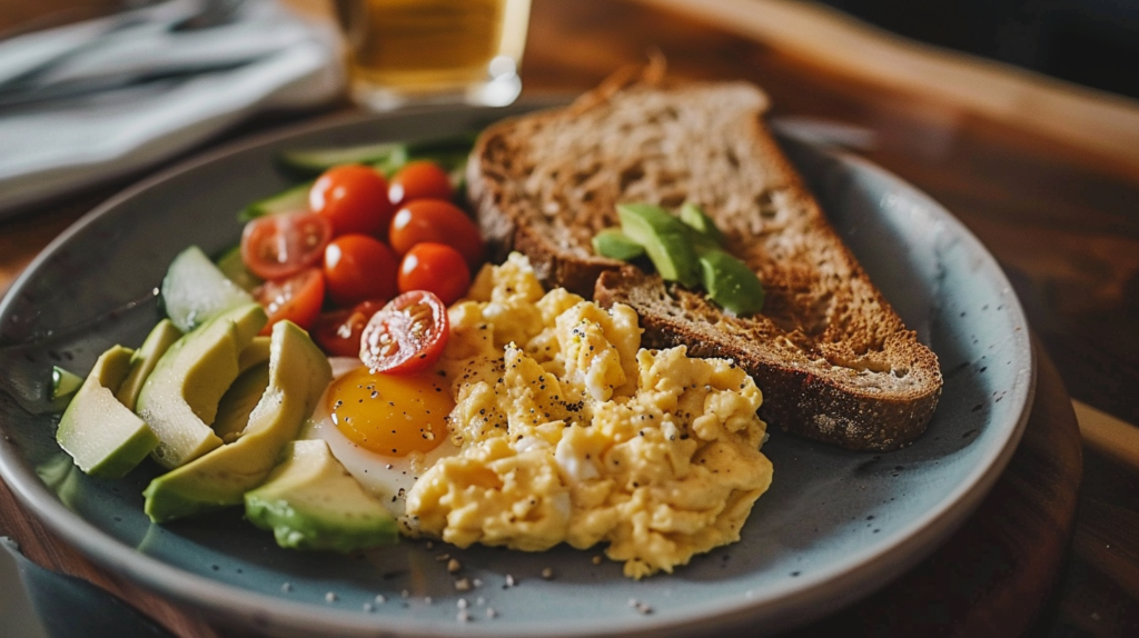 A balanced breakfast featuring two scrambled eggs, whole-grain toast, avocado slices, and cherry tomatoes on a wooden table.