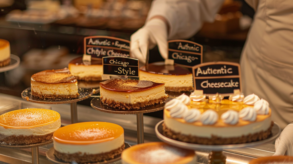 A Chicago bakery display filled with freshly baked cheesecakes, including classic Chicago-style cheesecake with a golden crust.