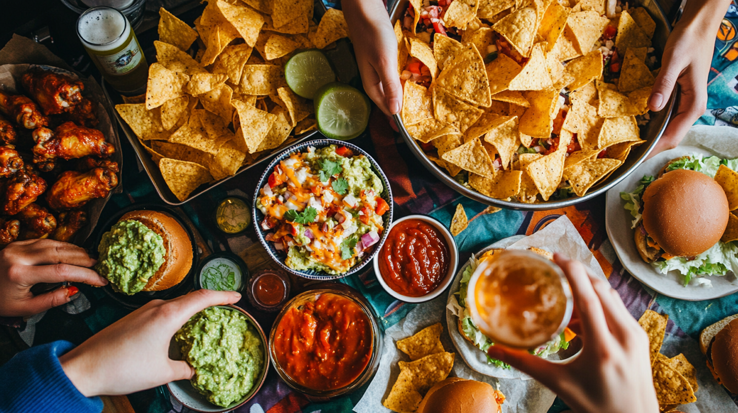 Super Bowl foods spread with wings, nachos, sliders, and dips on a football-themed table.