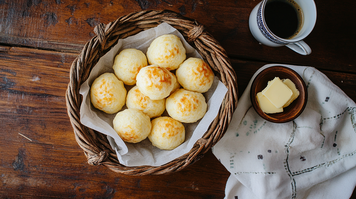 Freshly baked Brazilian Pão de Queijo cheese bread served with butter and coffee.