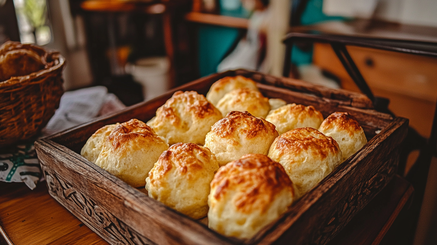 Freshly baked Brazilian cheese bread (pão de queijo) on a wooden tray, golden and crispy.