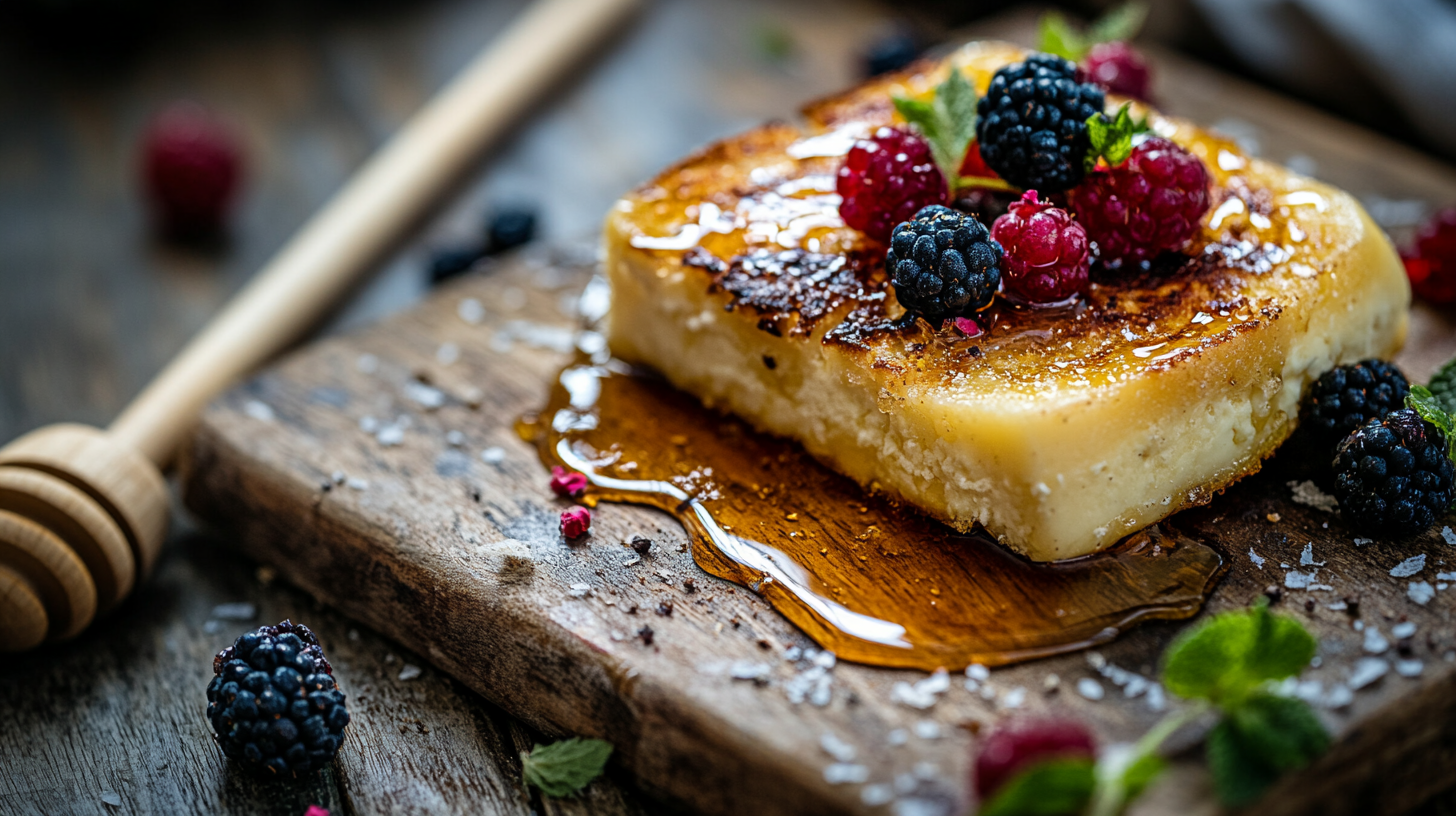 Grilled bread cheese (Leipäjuusto) served on a wooden board with honey and fresh berries.