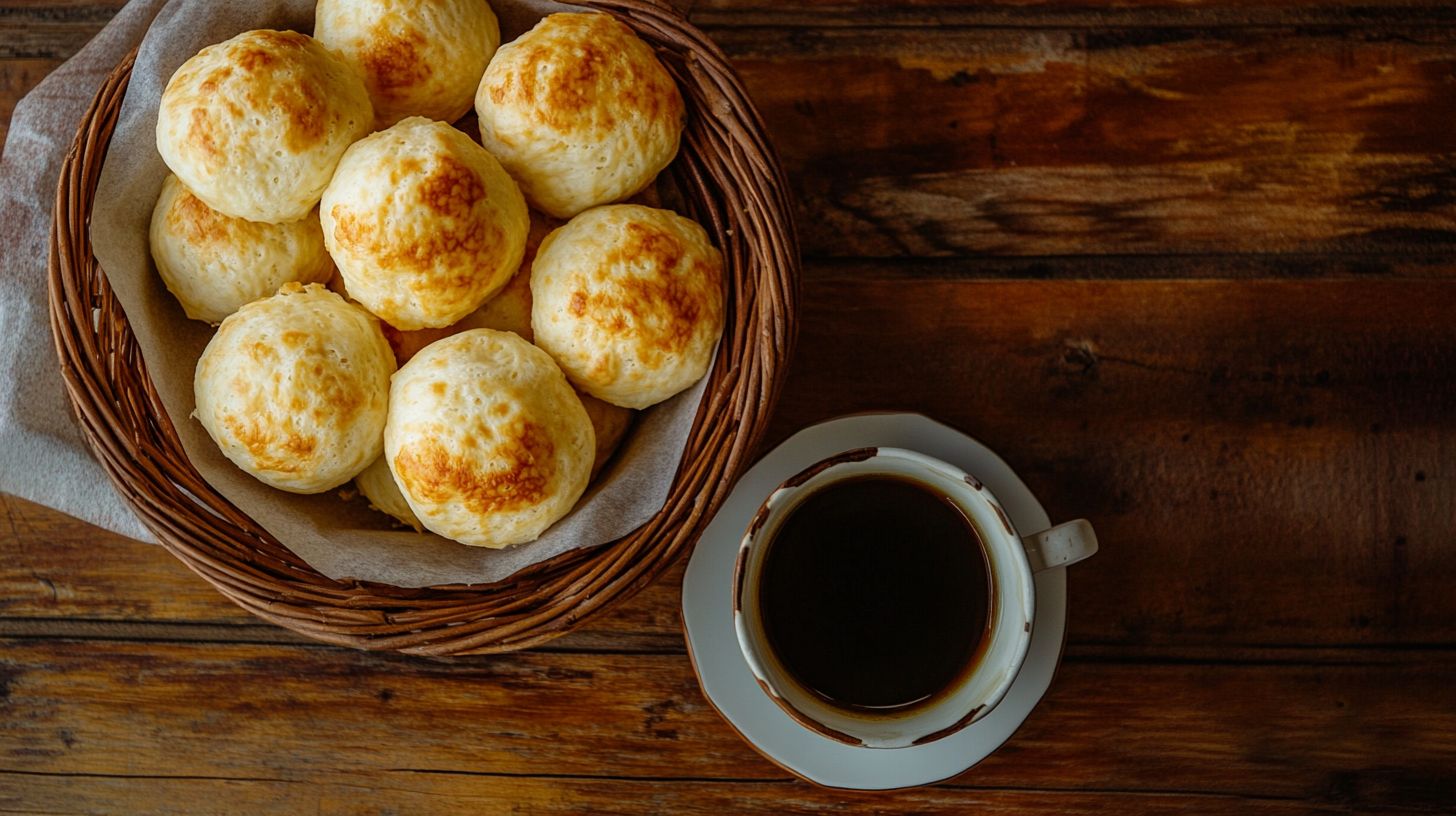 Basket of Brazilian Pão de Queijo cheese bread with coffee on a wooden table.