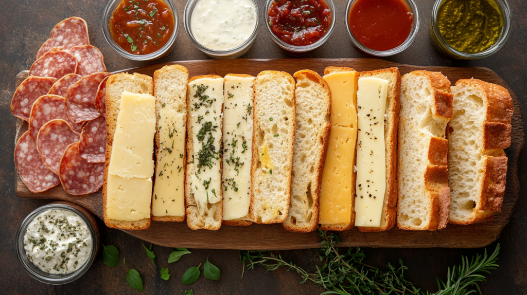 Cheese bread platter with assorted cheeses, dipping sauces, and charcuterie.