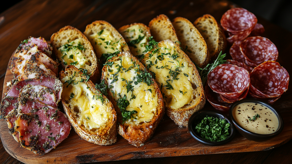 Cheese bread served with garlic butter, herbs, and charcuterie on a wooden platter.