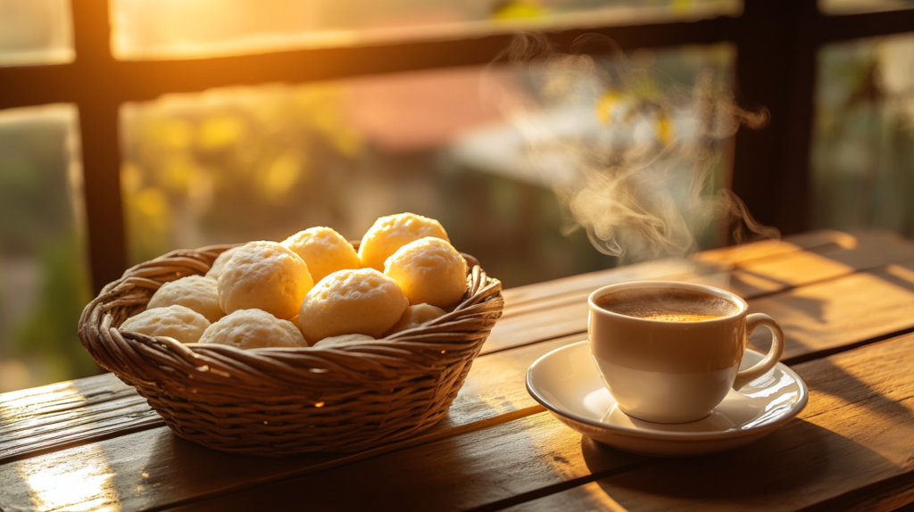 A basket of pão de queijo served with a cup of Brazilian coffee in a cozy café setting.