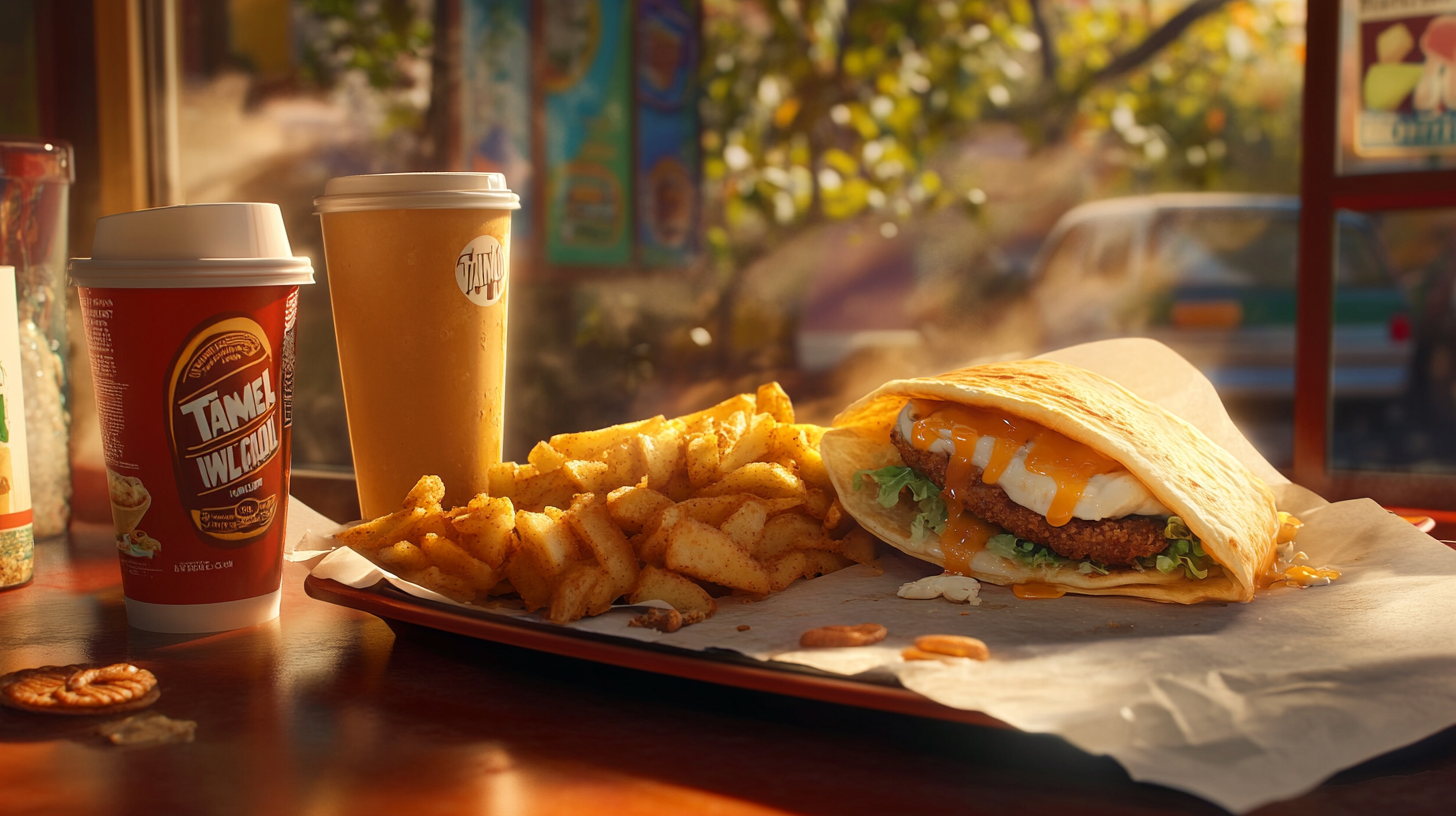 Taco Bell breakfast with Crunchwrap, hash browns, and coffee served in the morning.